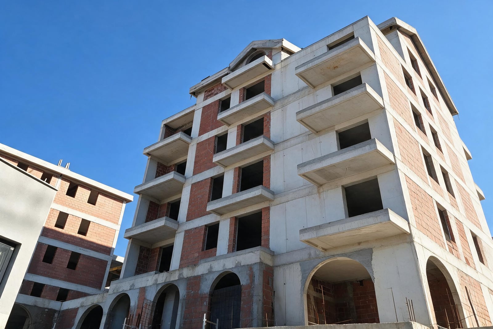Unfinished multi-story building made of red brick and concrete featuring balconies and arched openings against a clear blue sky.