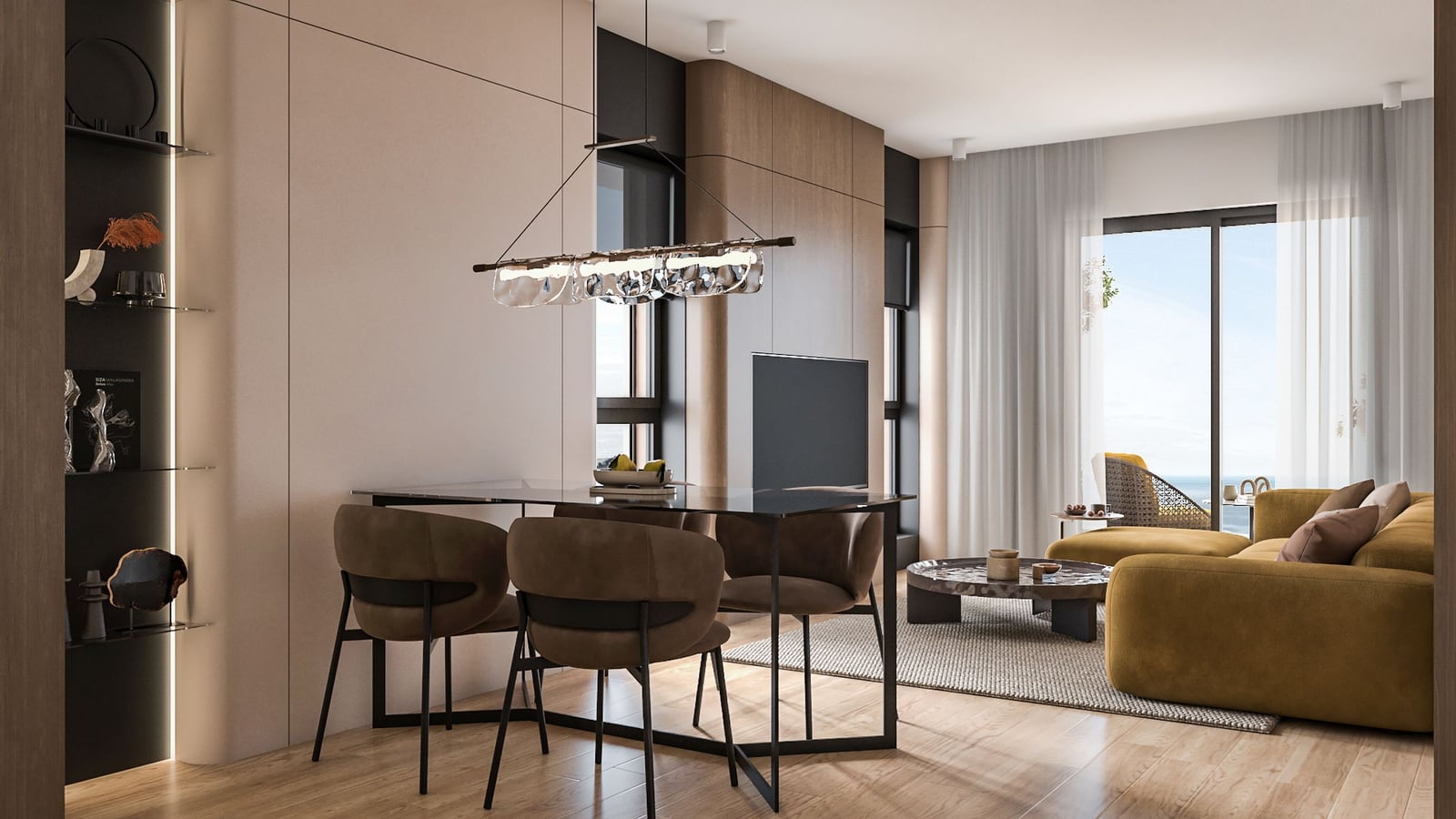 Modern living room with dining area in Bar, Montenegro: designer furniture, panoramic windows, and sea view.