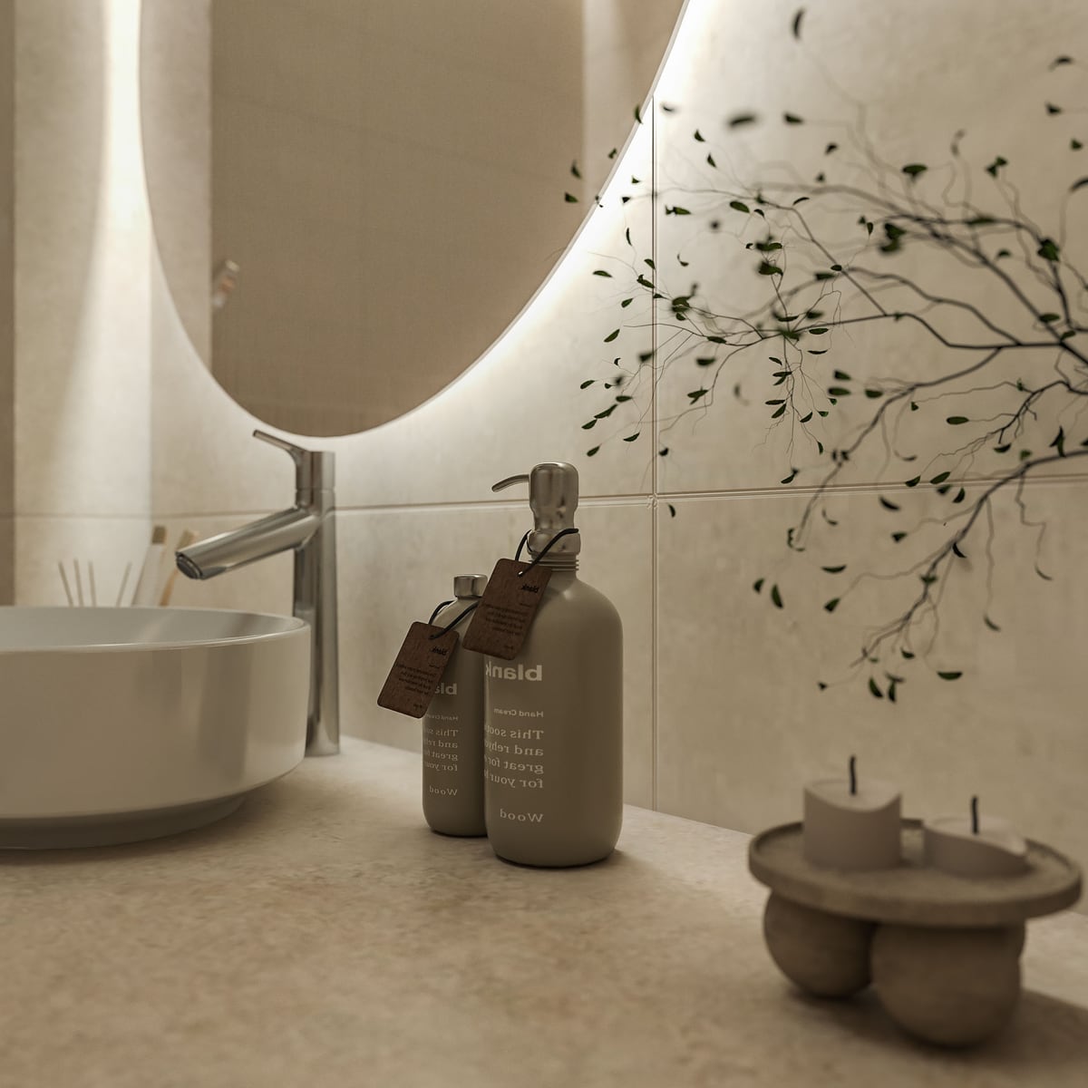 White vessel sink, chrome faucet, backlit round mirror, cosmetic bottles, and decorative branches on a stone countertop.