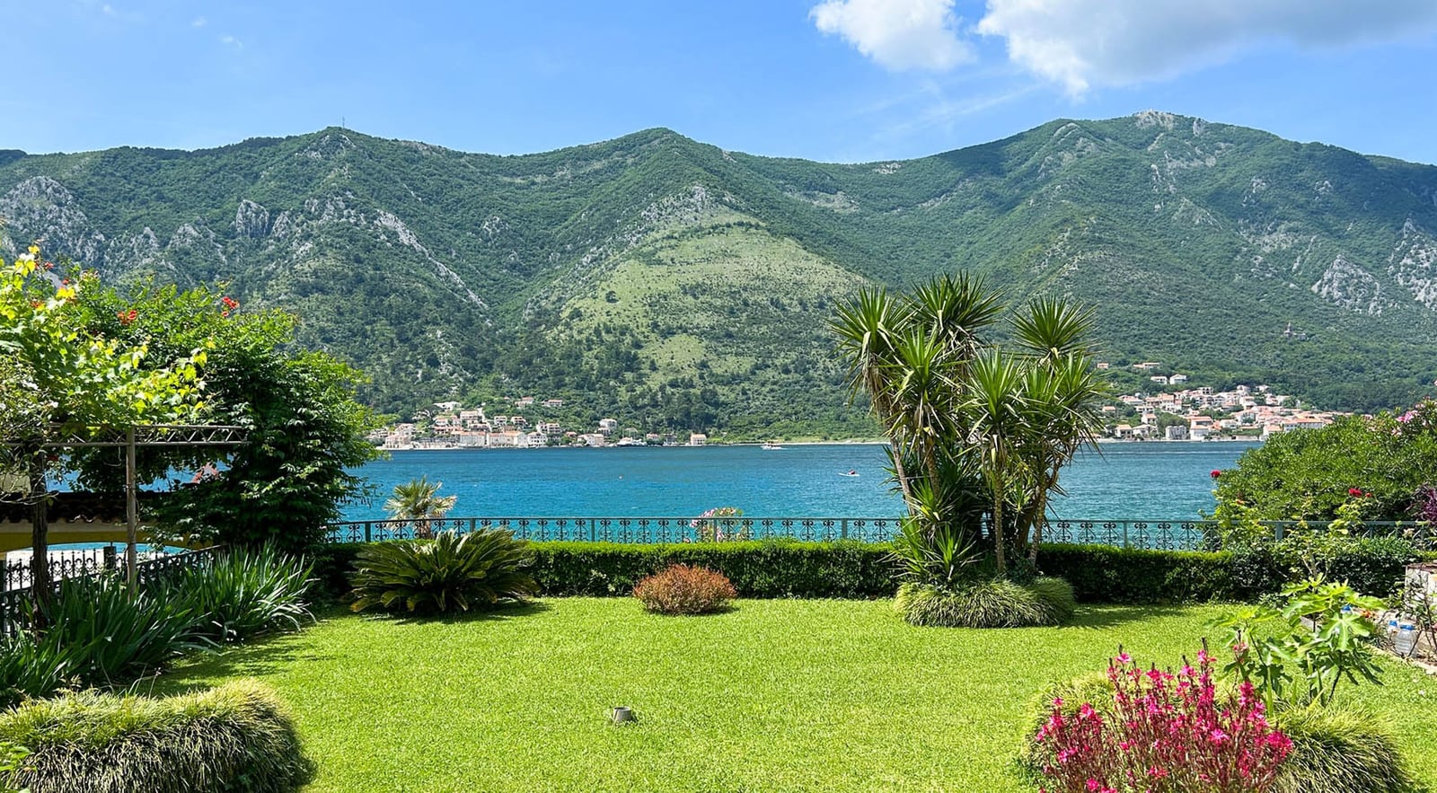 Sea and mountain view from the villa’s lush garden in Dobrota, Montenegro: a well-kept lawn, palm trees, and a panoramic sea view.
