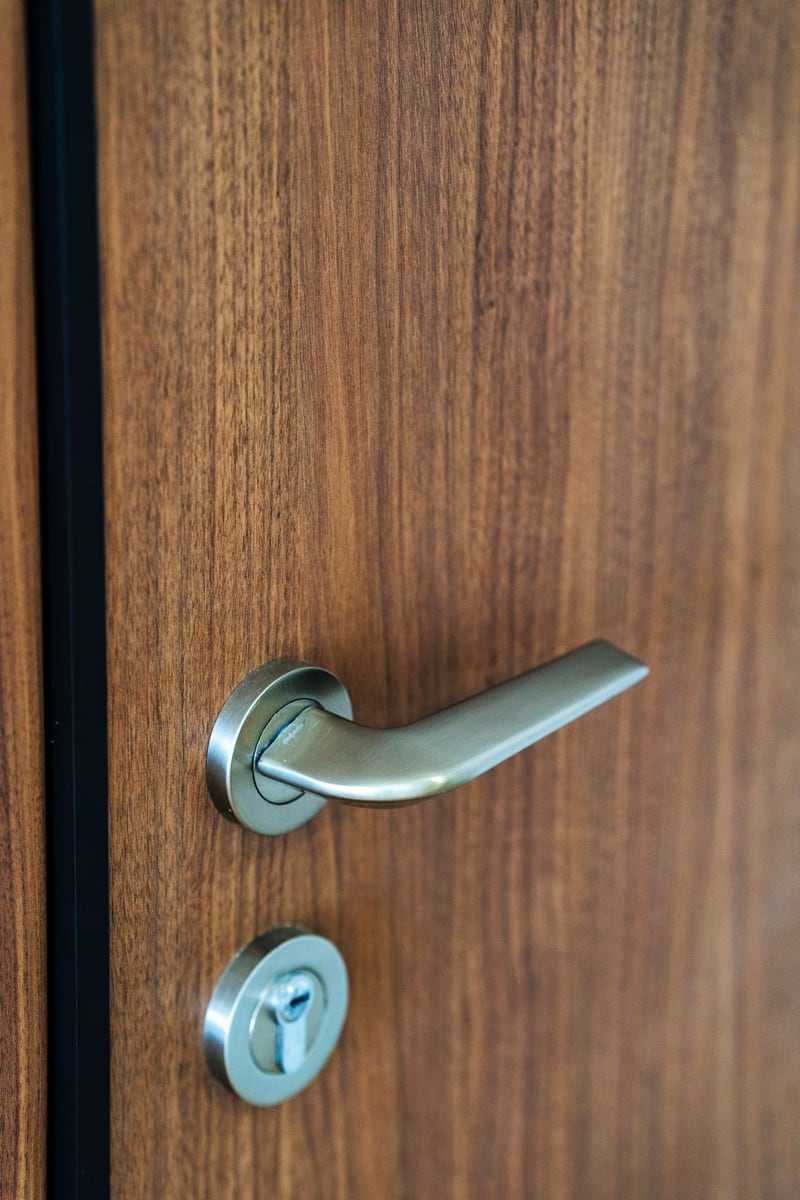 Interior door with wood finish and a modern metal handle in the Budva residential complex, Montenegro.