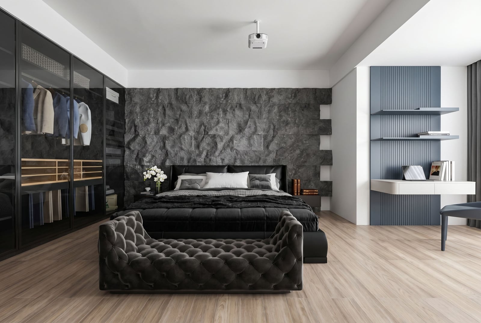 Modern bedroom in an apartment in Bečići, Montenegro: stone wall, black bed, wardrobe, and workspace.