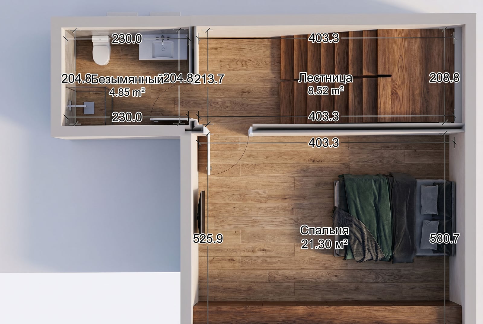 Bedroom layout with an en-suite bathroom and staircase in a villa in Reževići, Montenegro: detailed floor plan with room dimensions.
