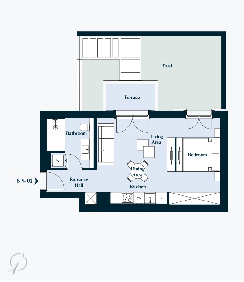 Apartment layout in Luštica, Montenegro: bedroom, living room with kitchen, bathroom, terrace, and private yard.