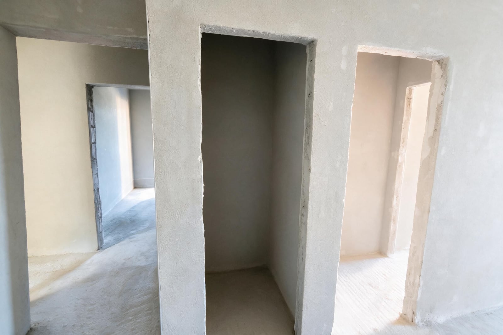 Unfinished construction interior: bare walls, empty doorways without doors, concrete floor, no furniture or finishing.