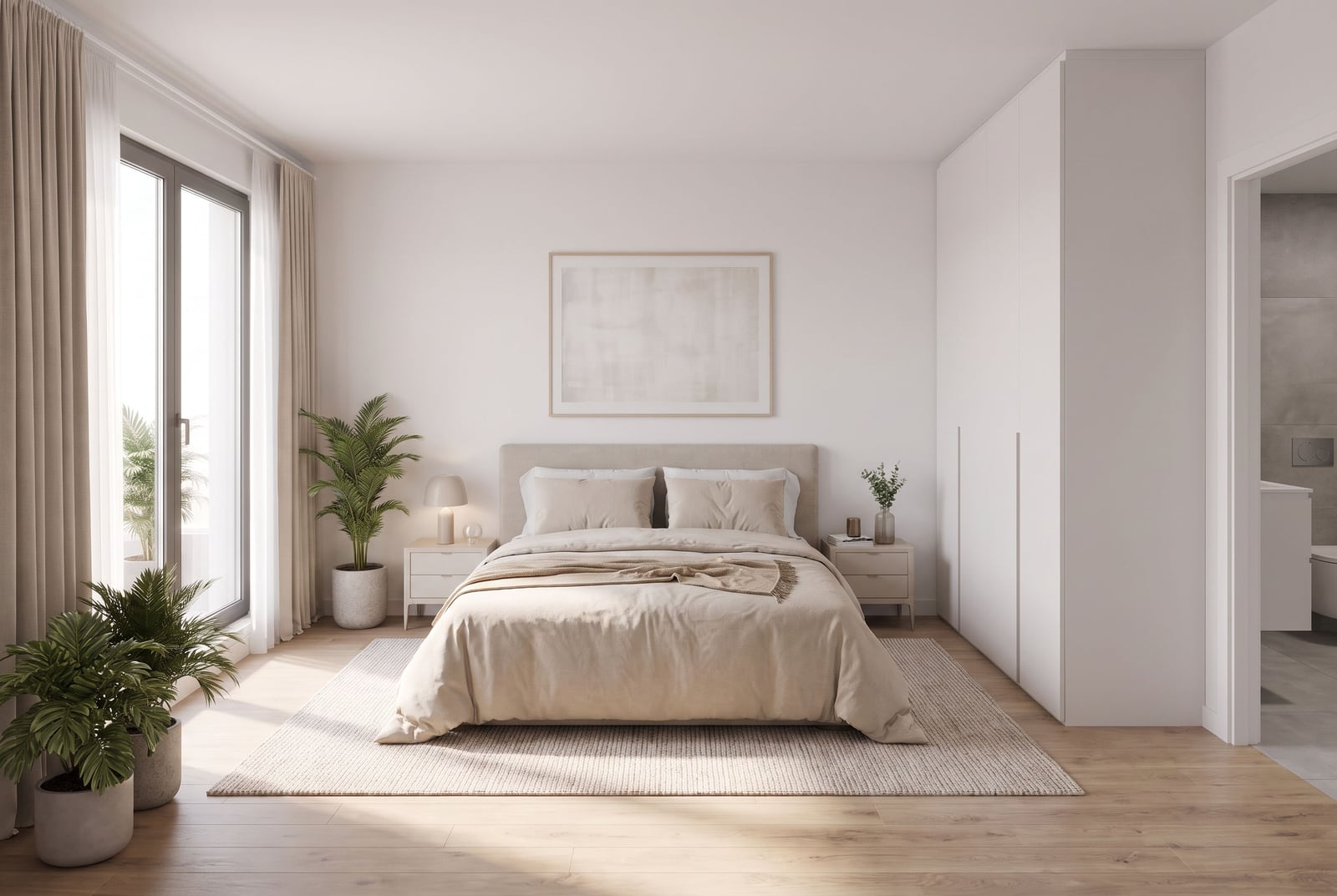Modern bedroom in light tones with a double bed and a built-in wardrobe in a residential complex in Becici, Montenegro.