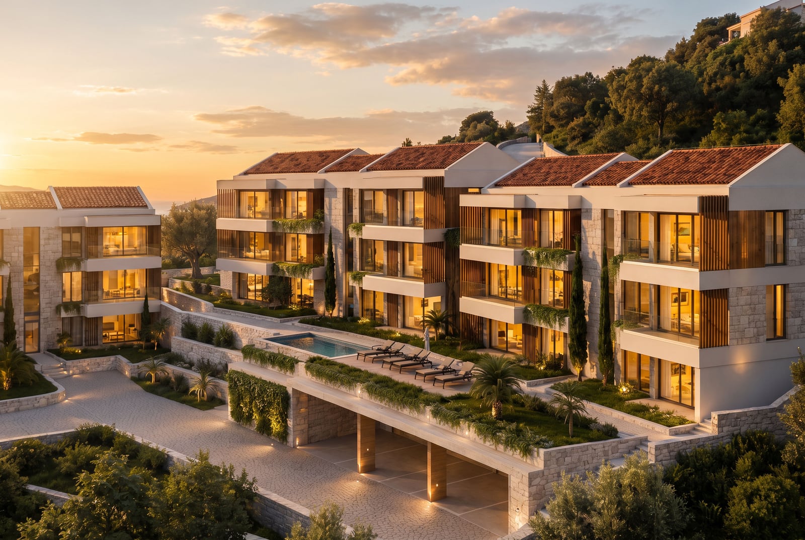 Exterior view of a modern apartment complex with a pool and terraces at sunset.