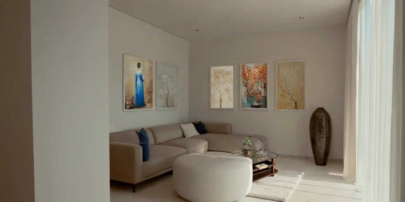 Bright living room in a townhouse, Reževići, Montenegro: beige corner sofa, wall art, and stylish decor.