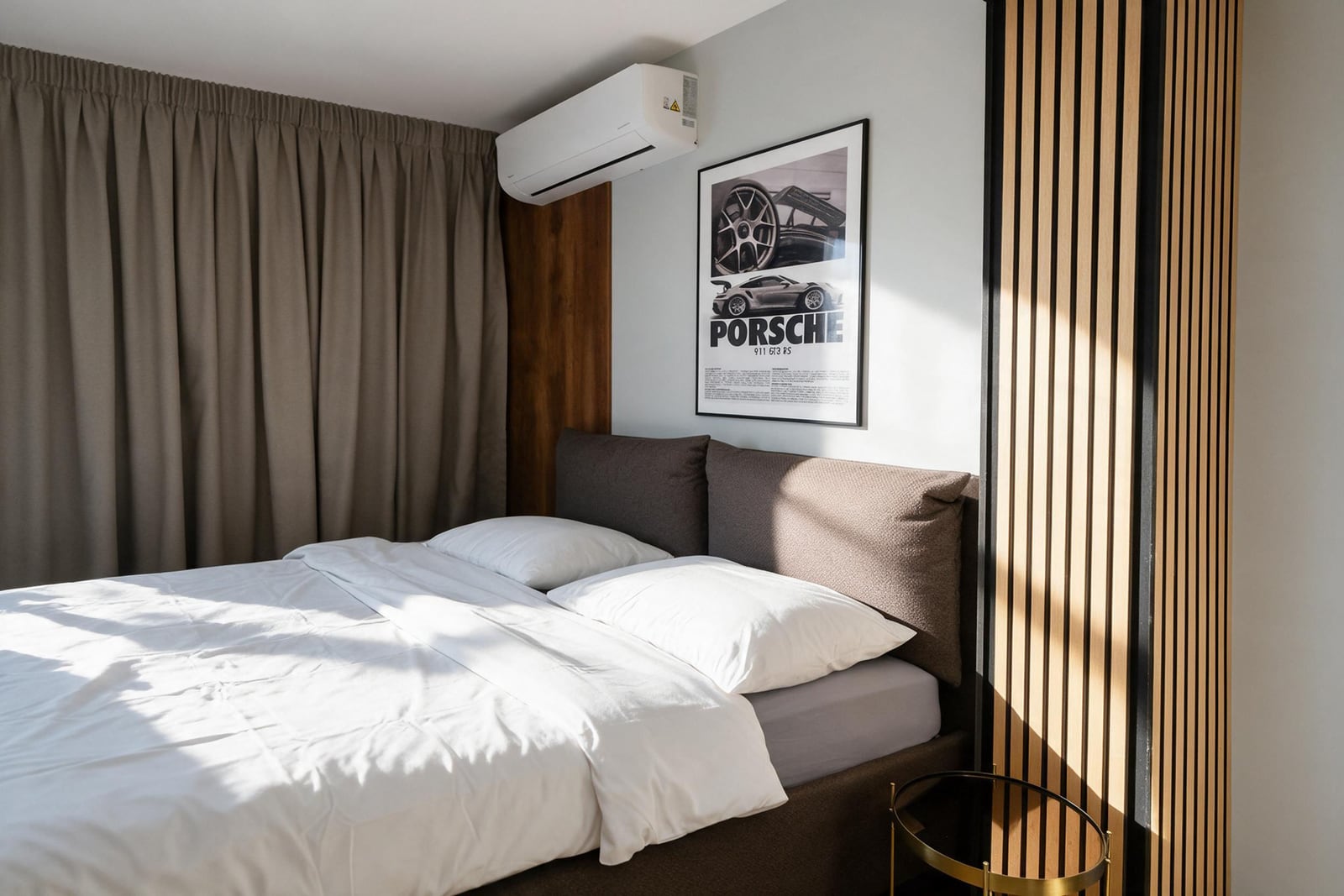 Modern bedroom featuring a double bed with white linens, a Porsche poster on the wall, and wooden slat accents.