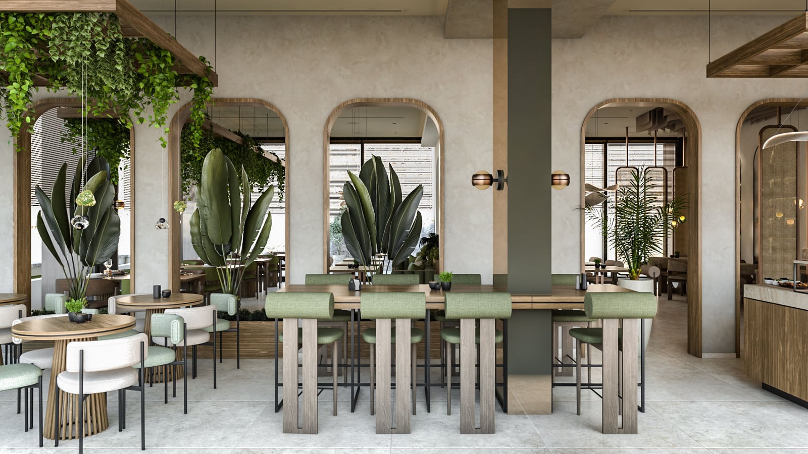 Restaurant or cafe interior featuring high wooden tables, green bar stools, arched doorways, and abundant tropical plants.