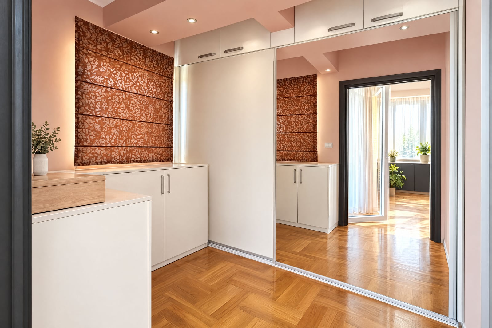 Built-in wardrobe with mirrored sliding door, white cabinets, herringbone wood floor, and decorative wall panel.