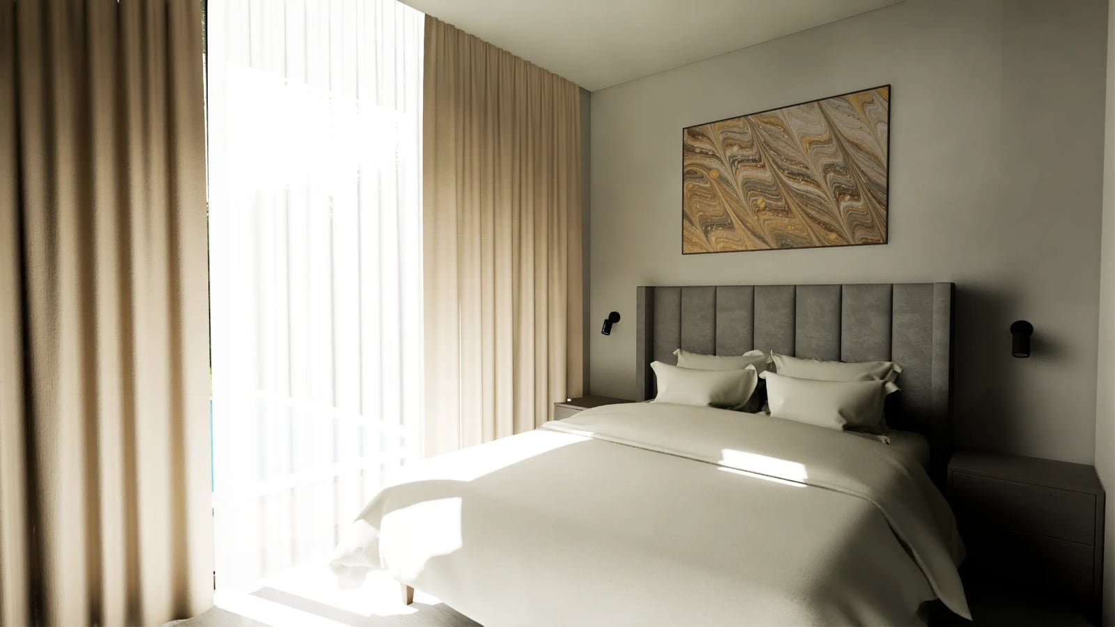 Modern bedroom in a townhouse, Rezevici, Montenegro: double bed, panoramic windows, and stylish interior.