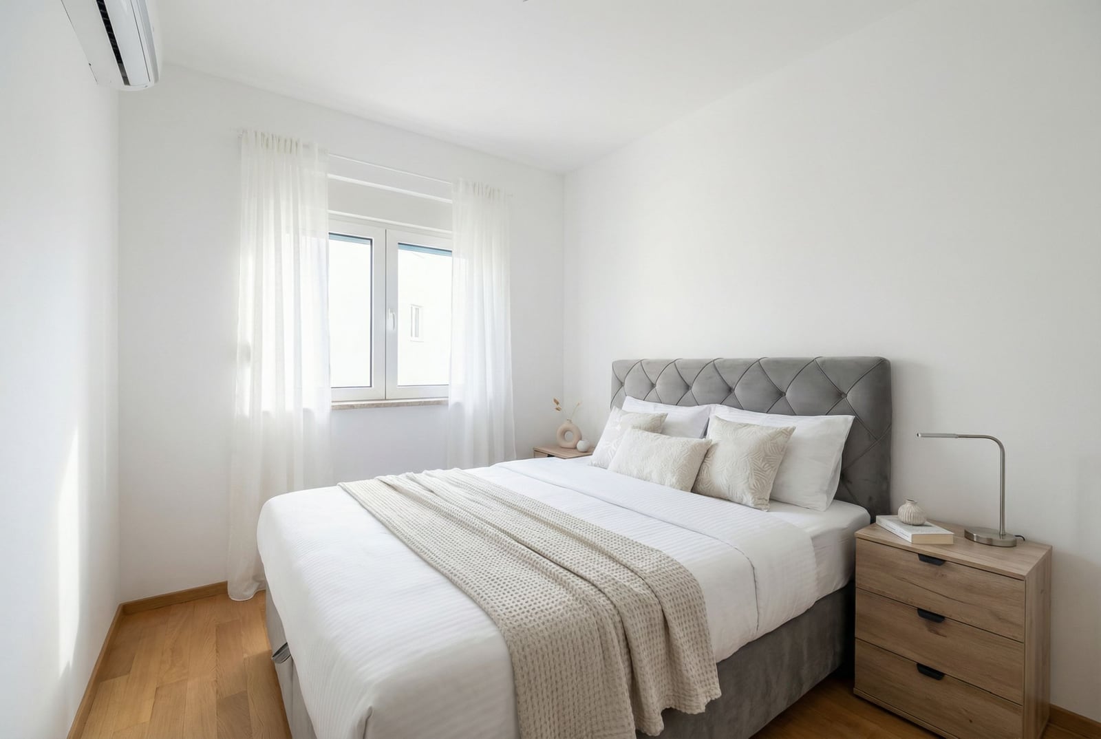 Bright bedroom with a double bed in an apartment in Becici, Montenegro: modern design, parquet flooring, and air conditioning.