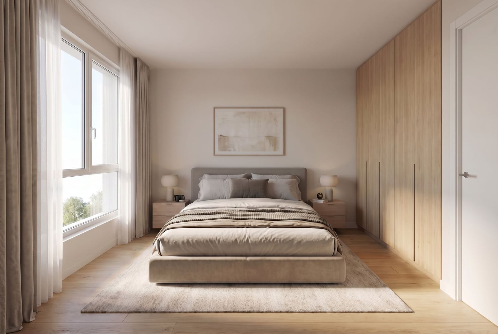 Modern bedroom in an apartment in Bečići, Montenegro: double bed, built-in wardrobe, and panoramic window.