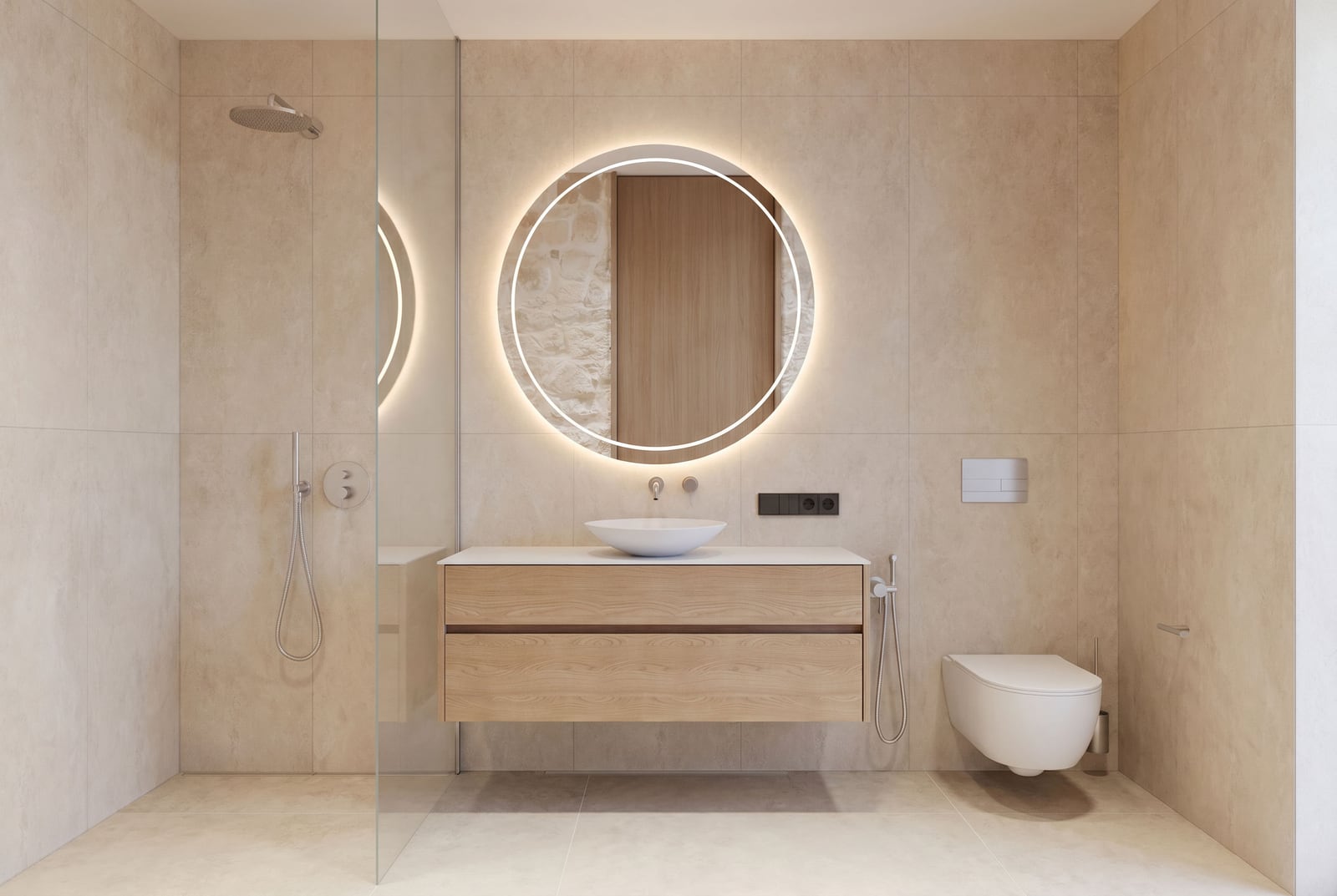Modern bathroom in an apartment, Sveti Stefan, Montenegro: shower, round backlit mirror, and wooden furniture.