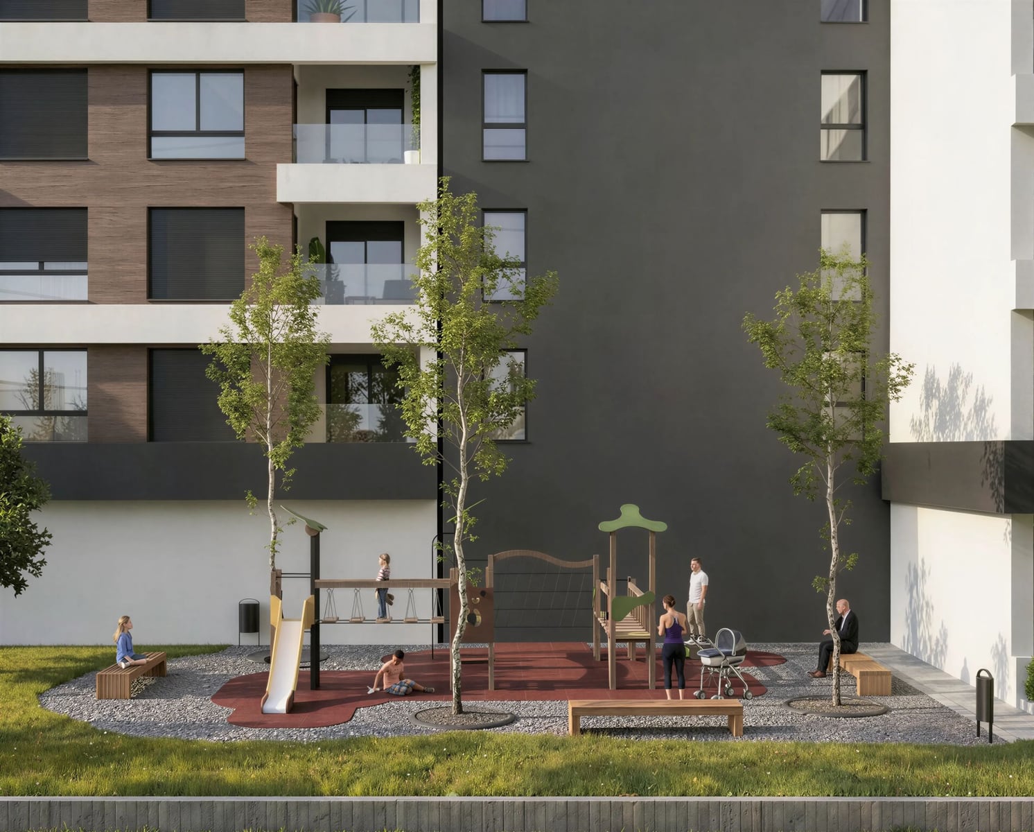 Playground by a modern residential complex in Bar, Montenegro: landscaped grounds with trees.