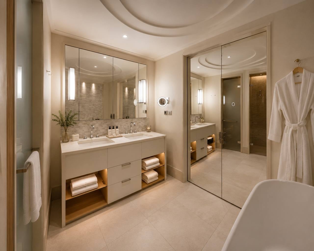 Modern bathroom with double vanity, large mirror, folded towels, and a white bathrobe hanging on the wall.