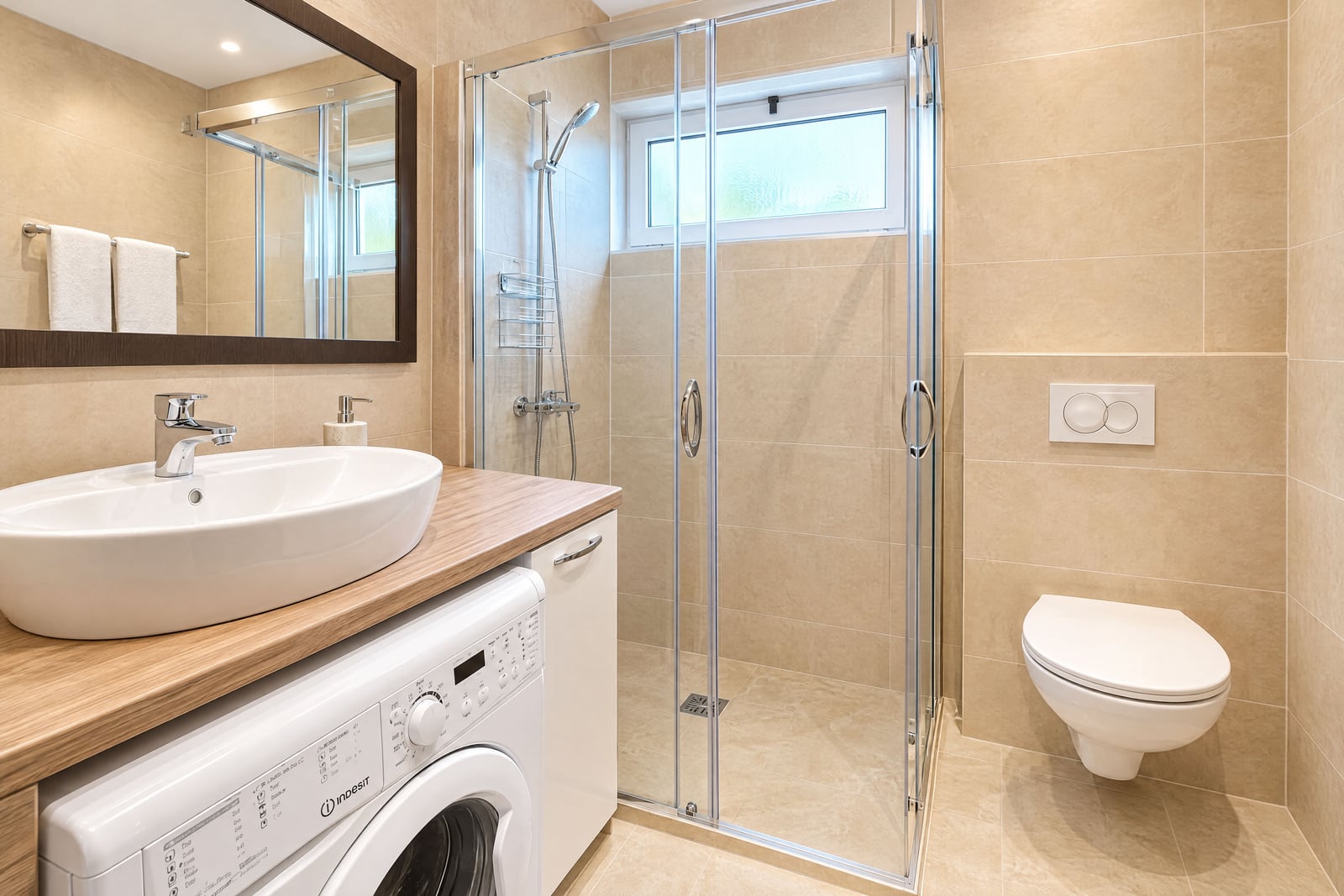 Modern bathroom featuring a glass shower, vessel sink on wood counter, wall-mounted toilet, and washing machine.