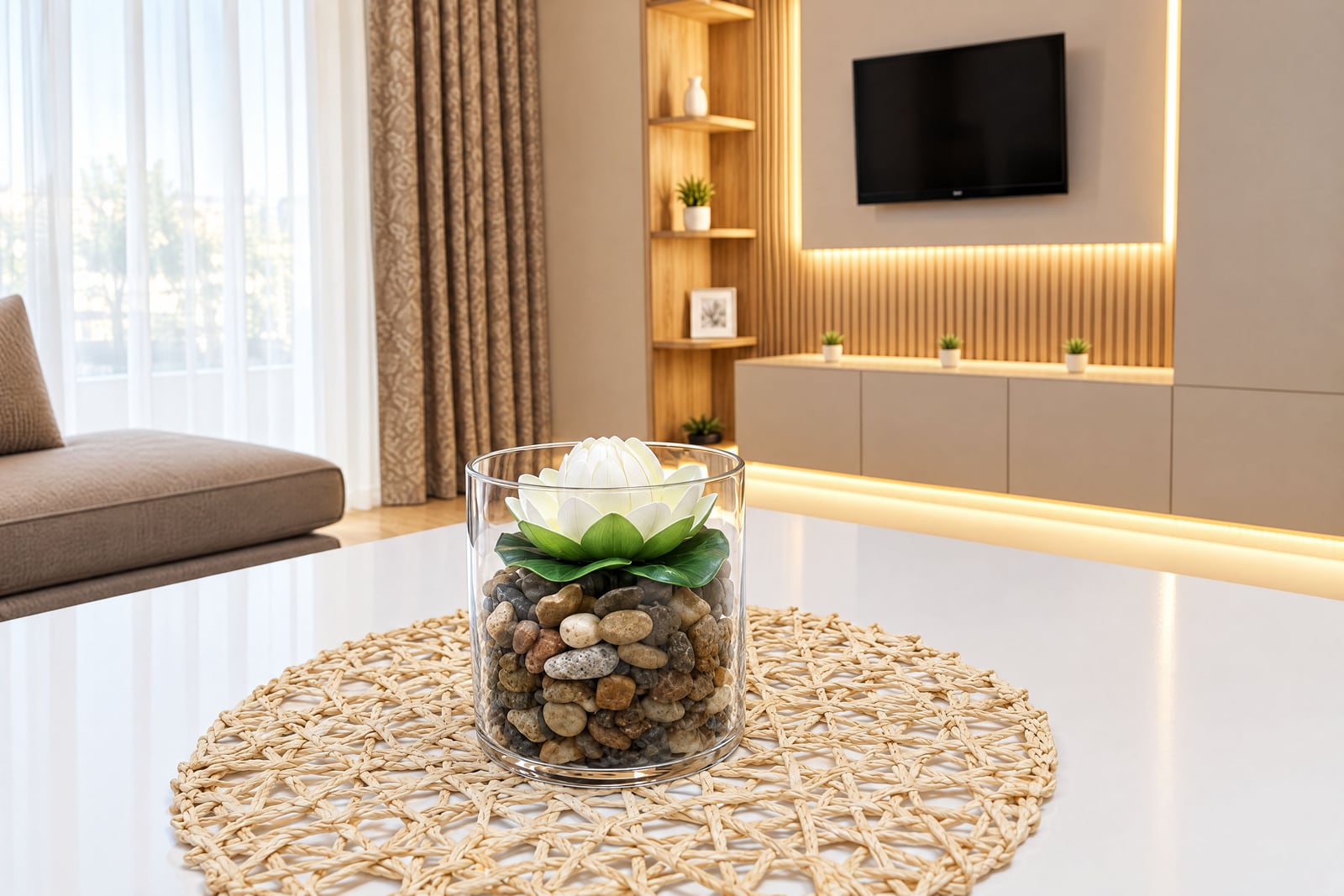 Modern living room featuring a sofa, wall-mounted TV on wood paneling, and a decorative lotus centerpiece.
