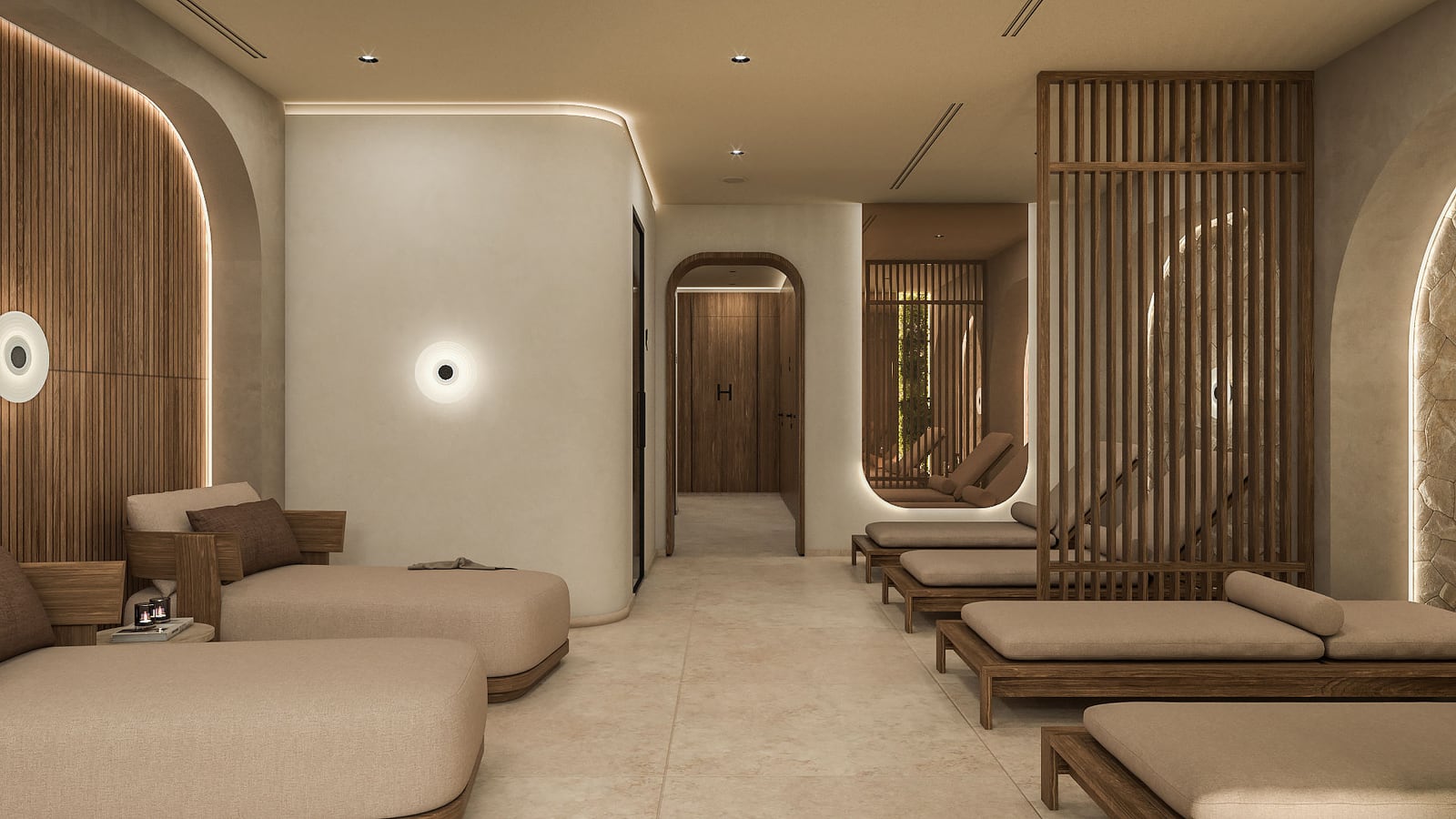 Relaxation area featuring cushioned loungers, wooden slat dividers, and arched alcoves with warm ambient lighting.