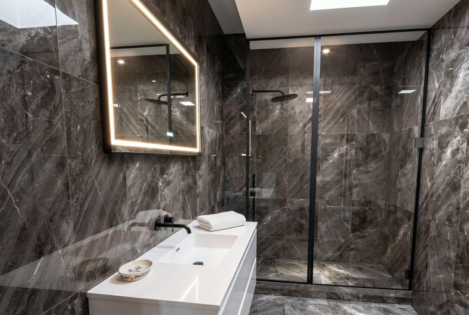 Modern bathroom in an apartment, Becici, Montenegro: dark marble finish, shower cabin, and LED mirror.