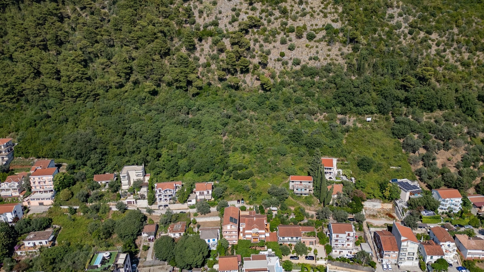 Aerial view of a residential area with houses nestled on a hillside covered in dense green forest and vegetation.