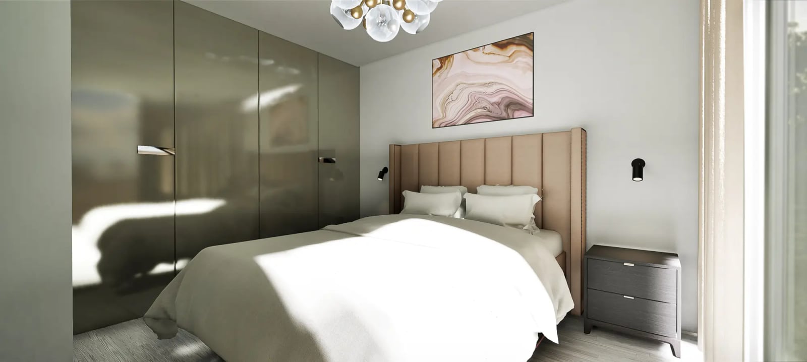 Modern bedroom in a townhouse in Blizikuće, Reževići, Montenegro: double bed, glossy wardrobe, and decor.