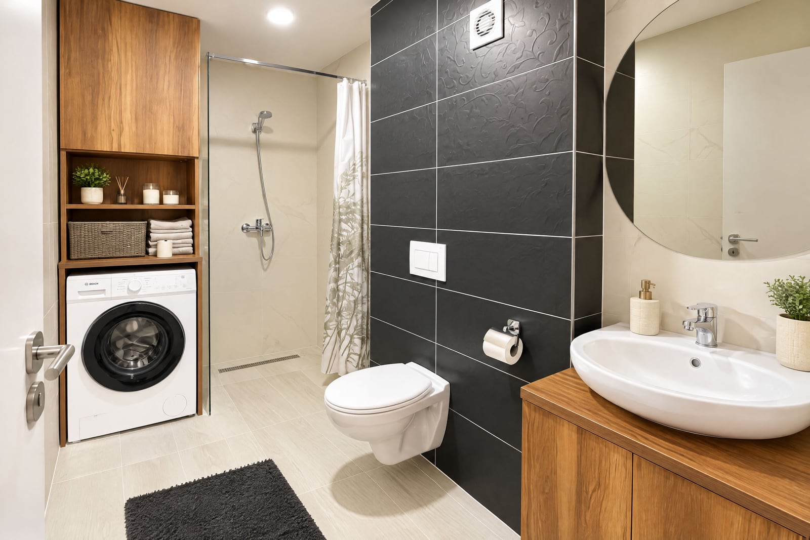 Modern bathroom with black tiles, wall-hung toilet, wooden vanity sink, shower stall, and a built-in washing machine.