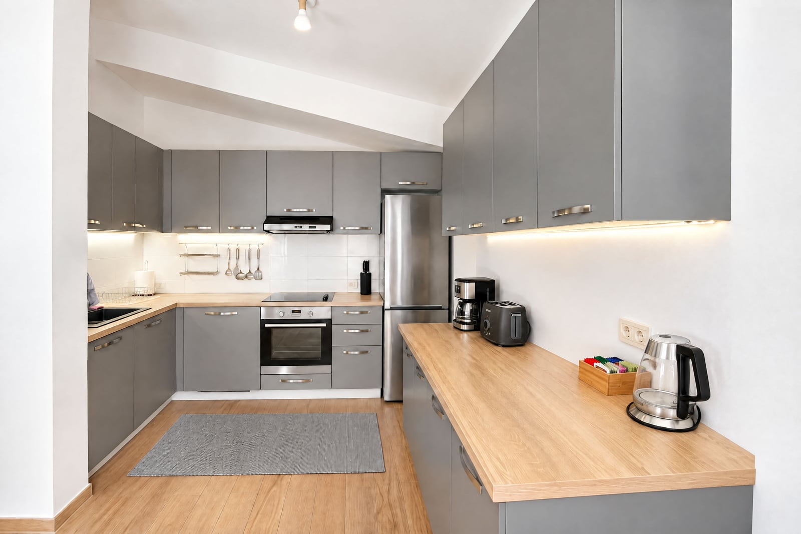 Modern kitchen featuring grey cabinets, wooden countertops, stainless steel fridge, and appliances.