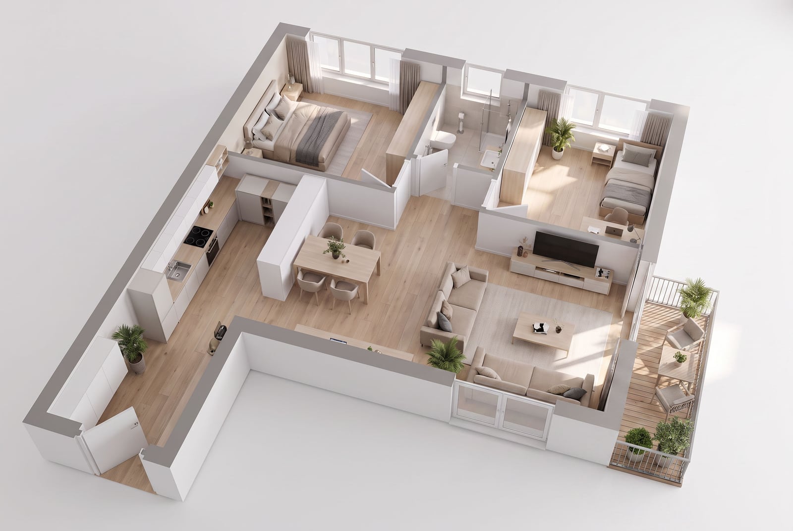 3D floor plan of an apartment in Bečići, Montenegro: two bedrooms, kitchen-living room, terrace, and modern interior in light tones.