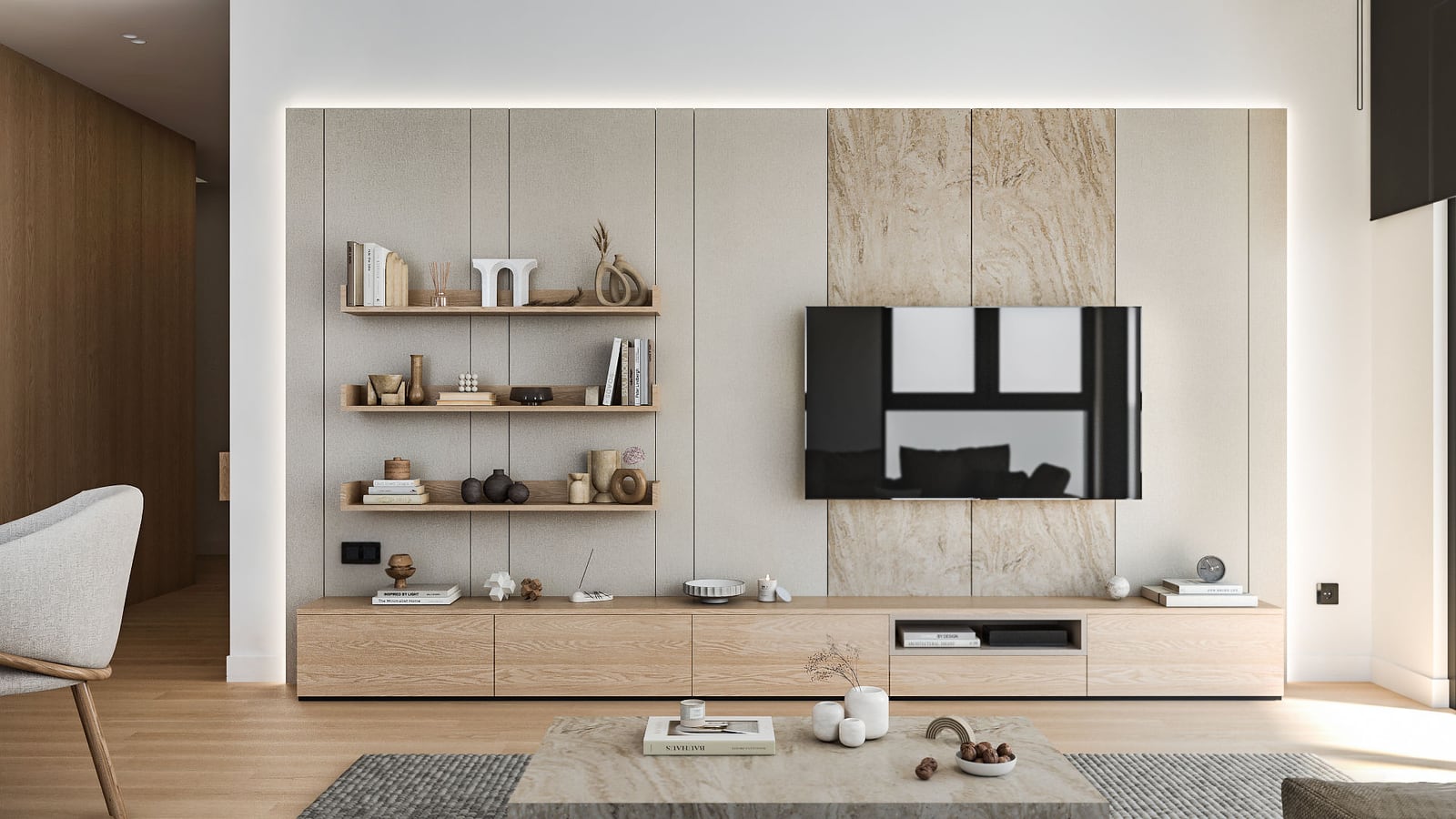 Modern living room featuring a wall-mounted TV, wooden shelving, low media console, and coffee table.
