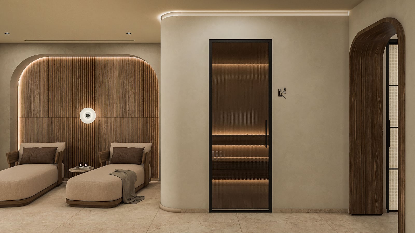 Modern spa room featuring two chaise lounges, a wood-paneled arched wall, and a frosted glass door.