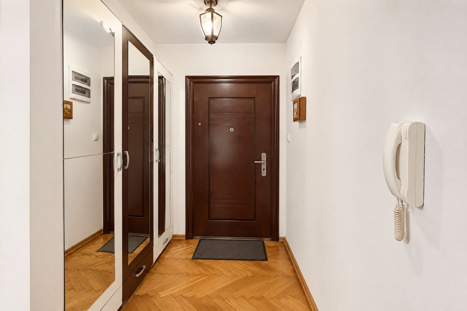 Entryway featuring a dark wood door, mirrored wardrobe, wall phone, and parquet flooring.