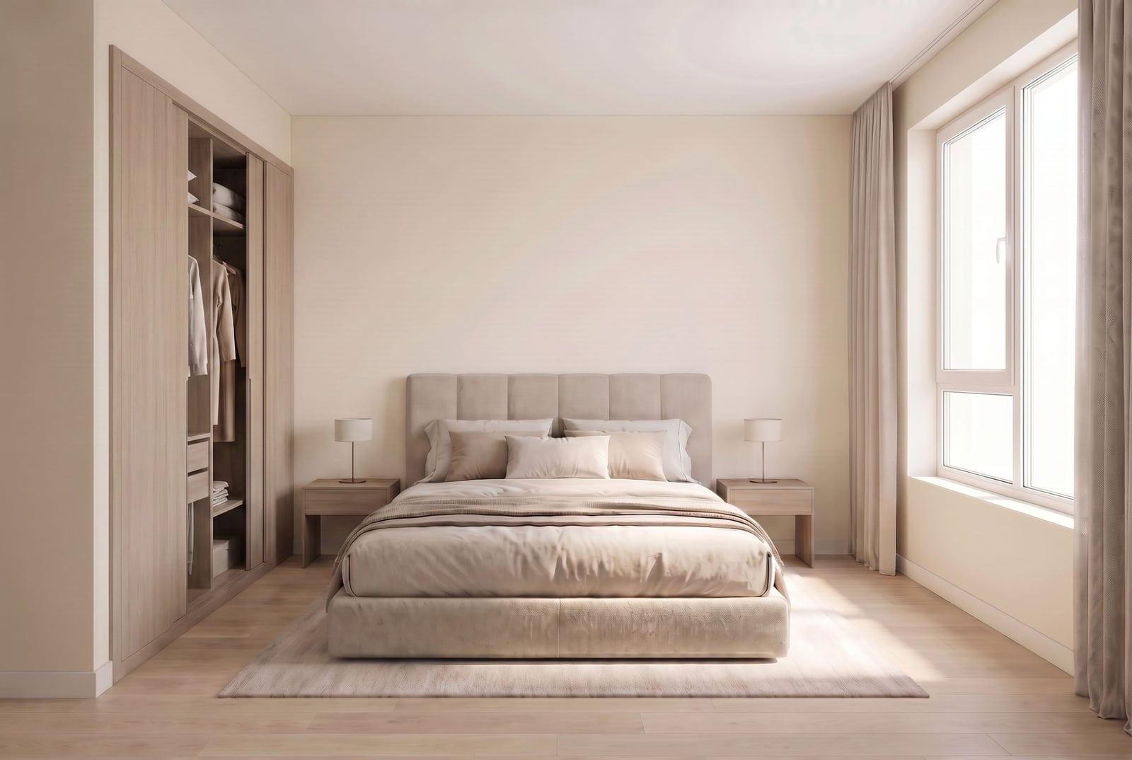 Modern bedroom in beige tones with a double bed and built-in wardrobe in an apartment, Bečići, Montenegro.