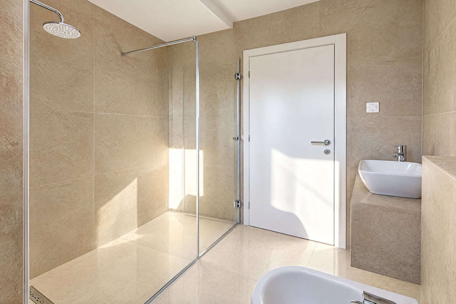 Modern bathroom featuring a glass-enclosed shower with a rain head, beige tiles, and a vessel sink.