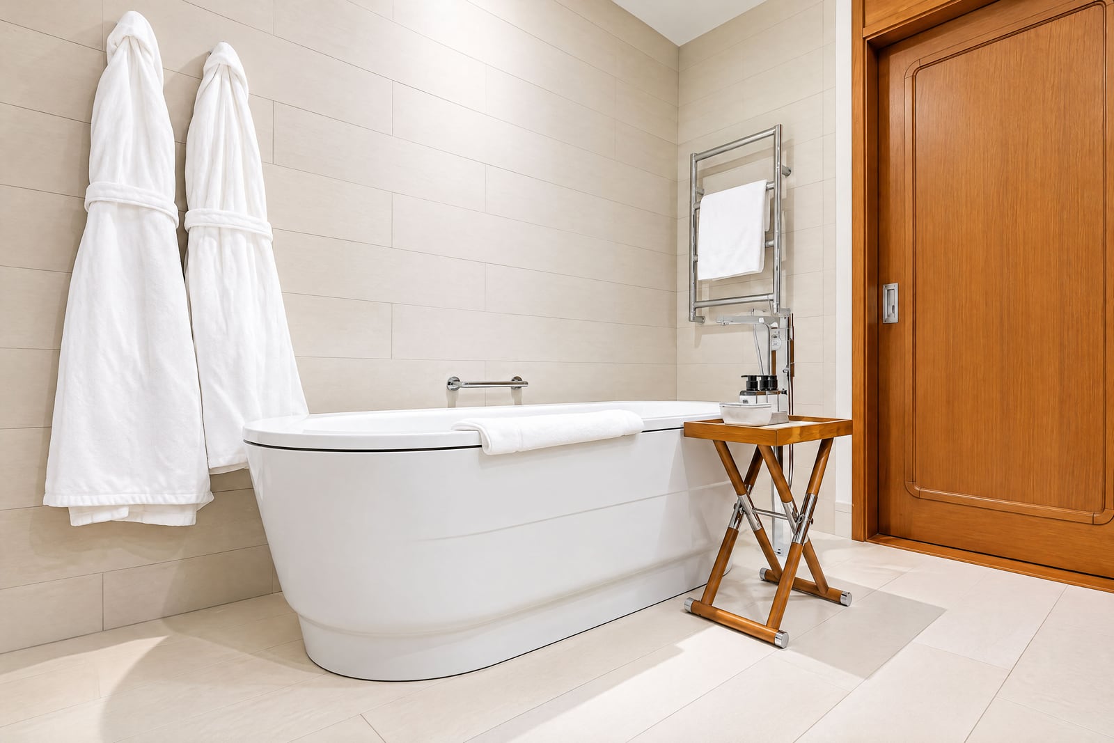 White freestanding bathtub, two white robes hanging on the wall, wooden door and tray.
