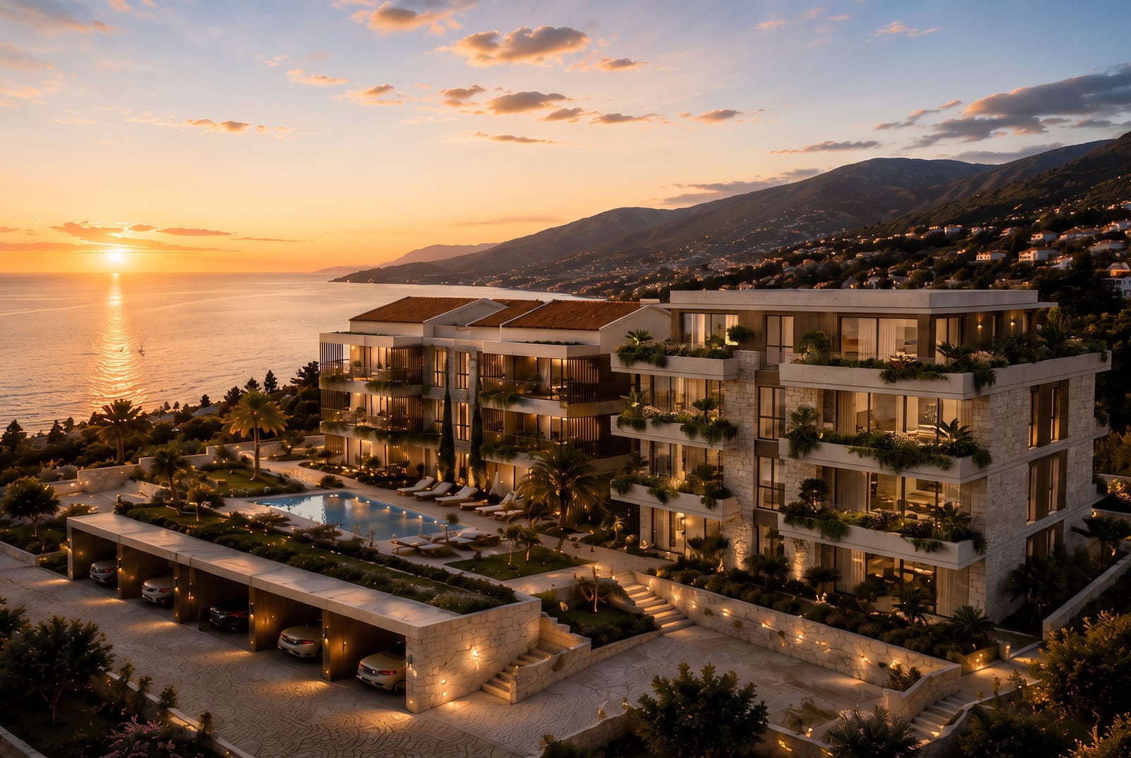 Luxury seaside complex exterior with pool and parking at sunset.