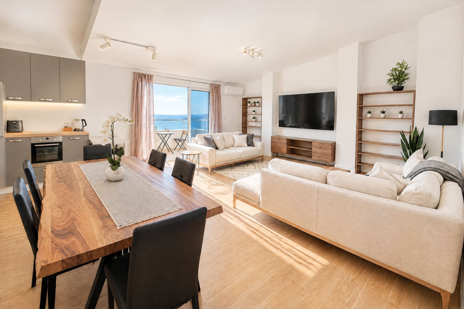 Bright living room with sofas, TV, and dining table; partial kitchen visible and balcony door overlooking the sea.