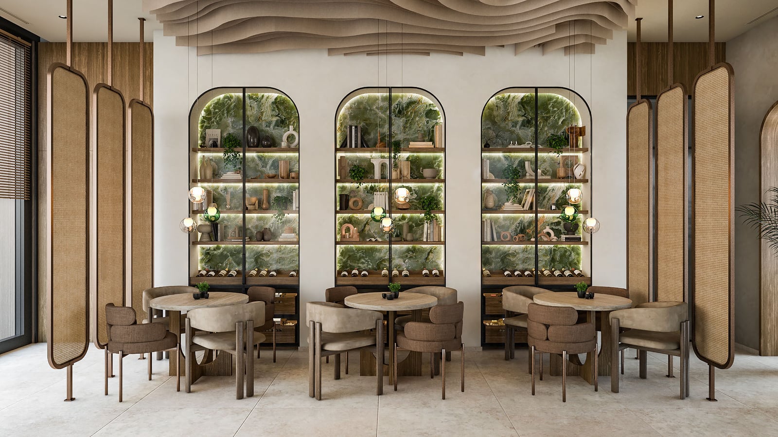 Restaurant or lobby interior with round tables, upholstered chairs, and decorative arched shelving units.