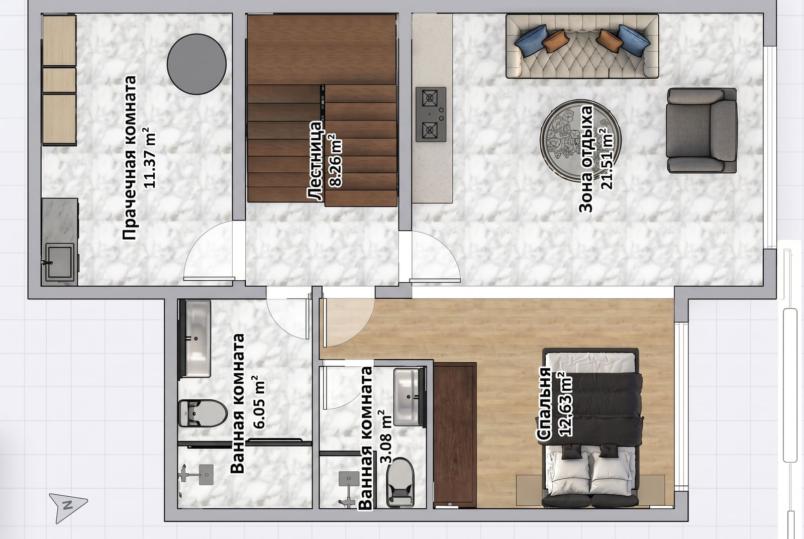 Villa floor plan in Reževići, Montenegro: bedroom, two bathrooms, laundry room, and a furnished lounge area.