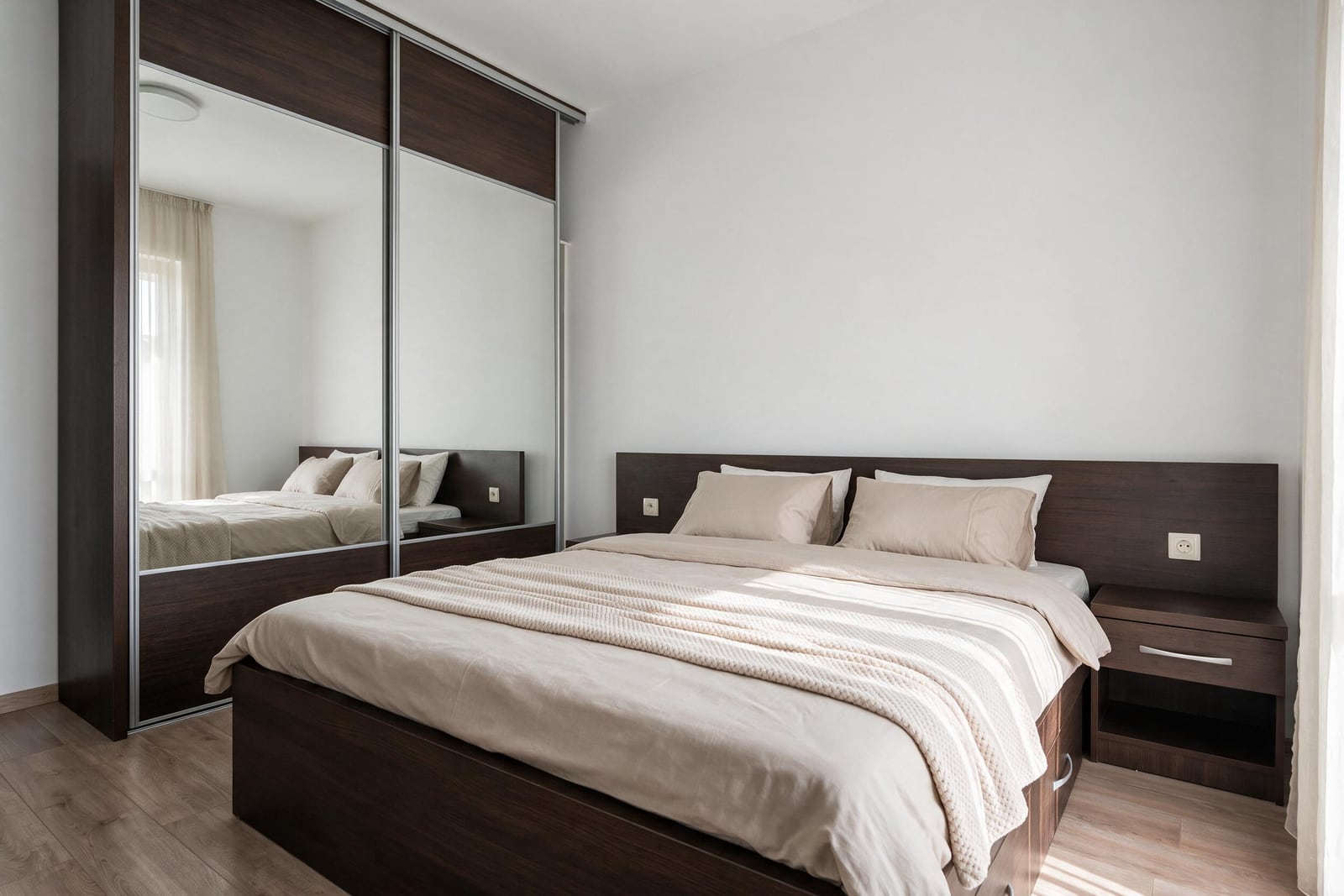 Bedroom with a double bed and a large mirrored wardrobe in an apartment in Budva, Montenegro