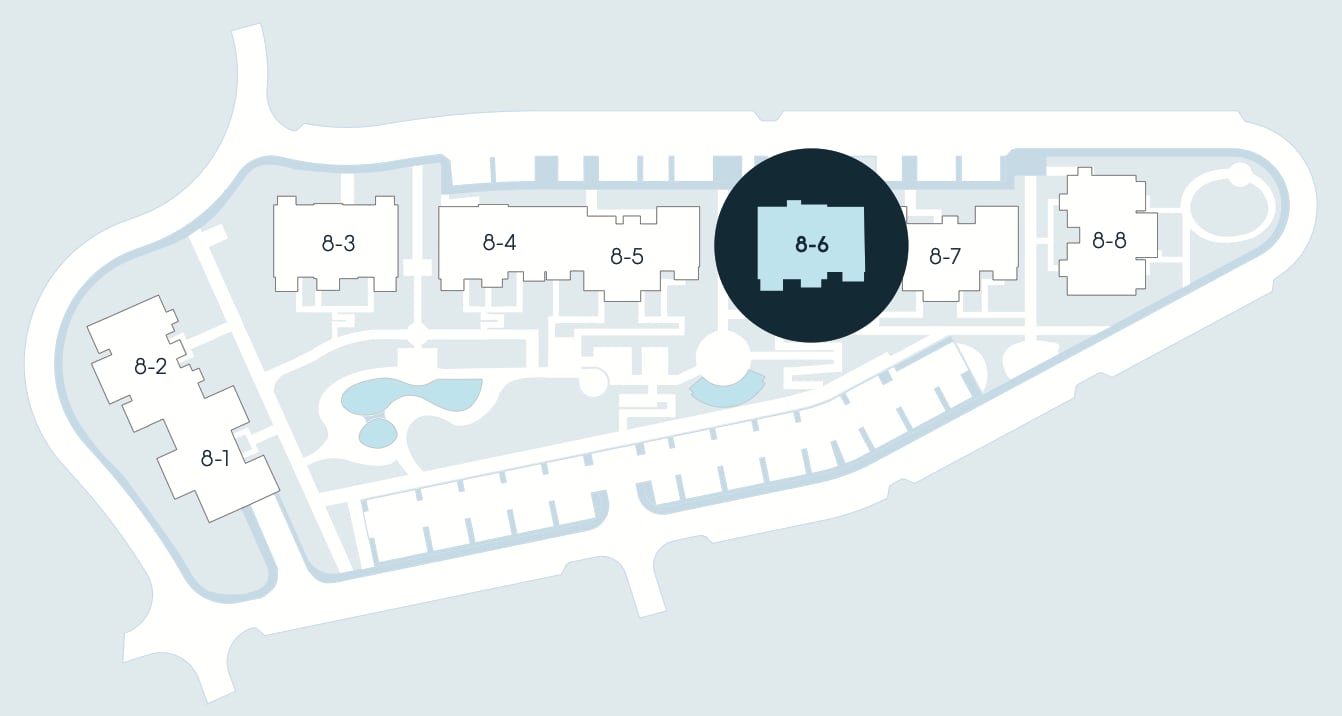 Master plan of the residential complex in Luštica, Montenegro: location of building 8-6 on the site development scheme.