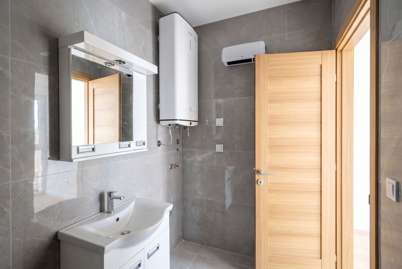 Modern bathroom with gray tiles, water heater, and sink in an apartment in the city of Bar, Montenegro