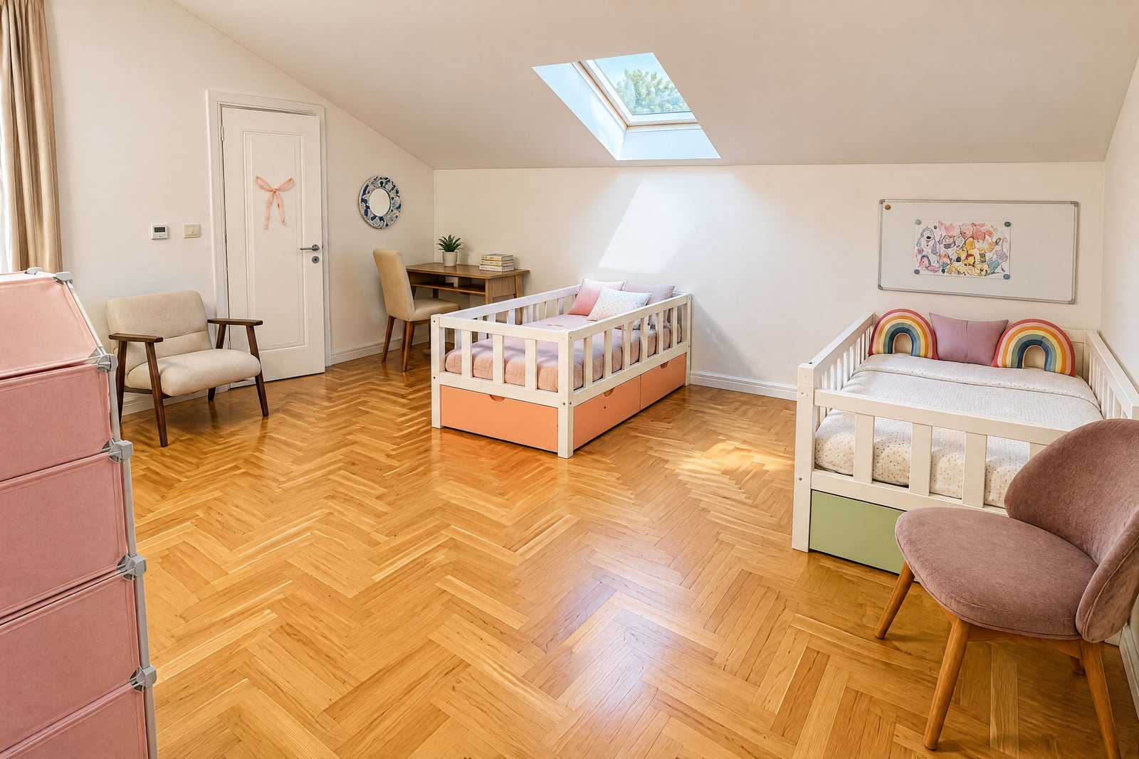Children bedroom with two white beds, herringbone parquet floor, and a roof skylight.