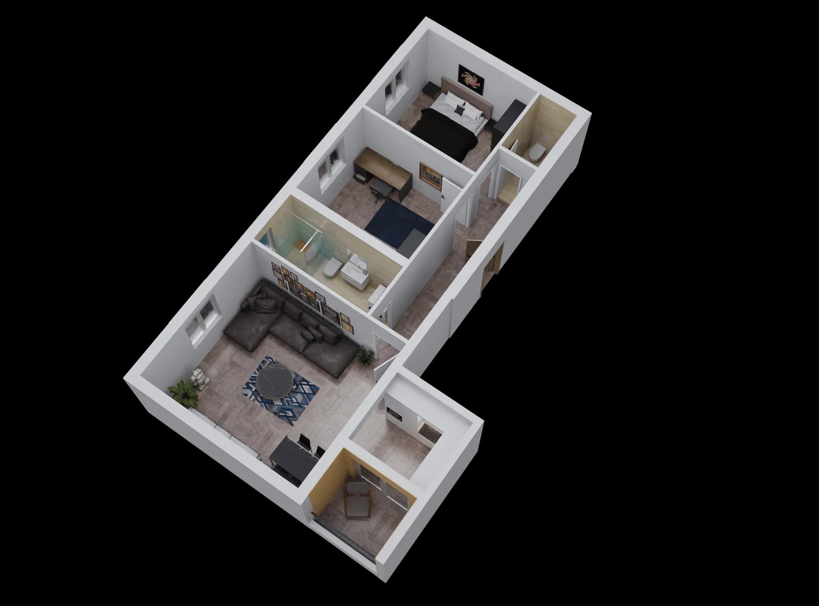 3D floor plan of an apartment in Bar, Montenegro: living room, bedroom, office, bathroom, and a furnished terrace.