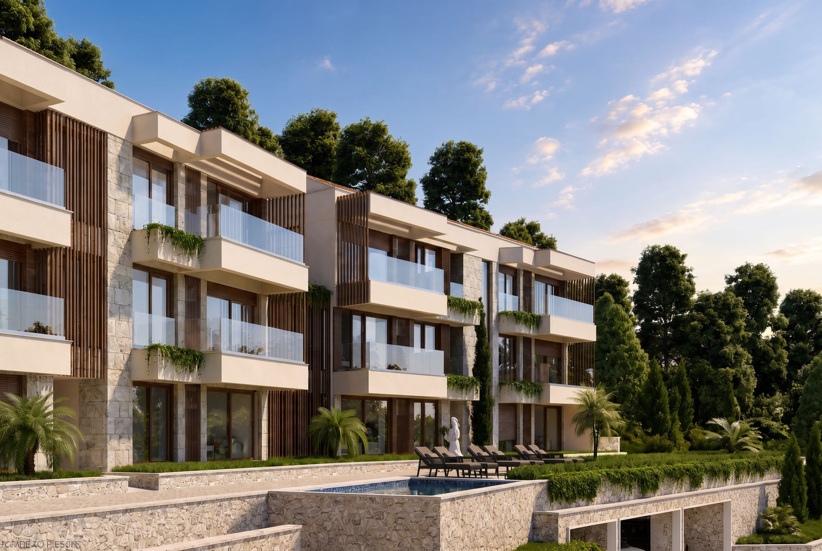 Exterior view of a modern multi-story residential building featuring balconies, a pool, and landscaping.