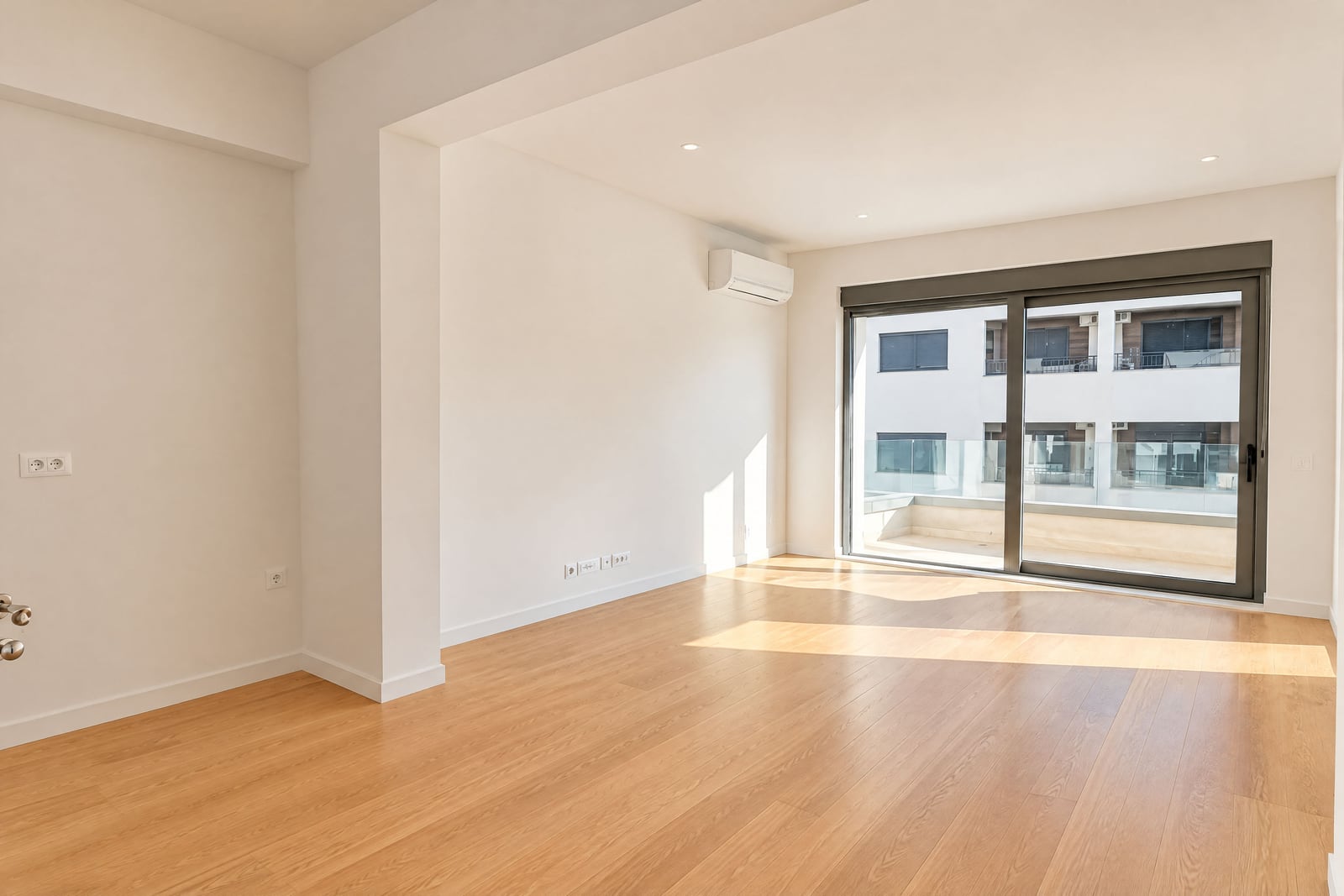 Empty room with wooden flooring, white walls, and a large sliding glass door leading to a balcony.