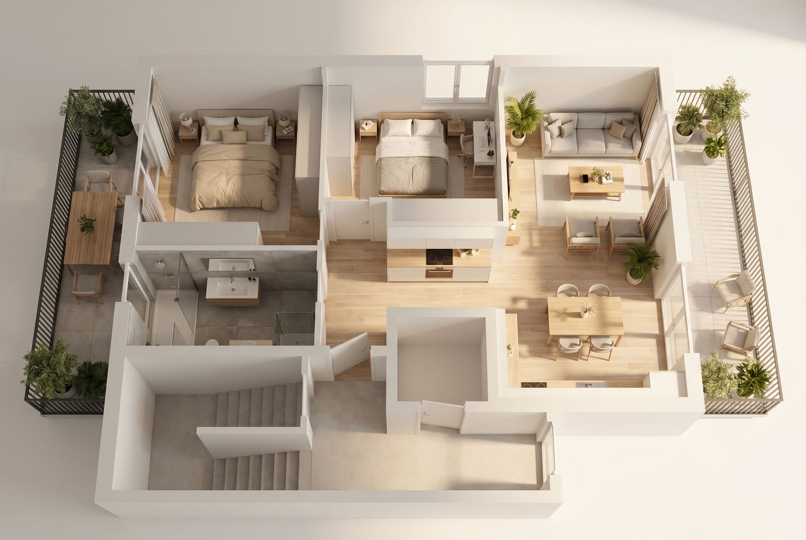 3D floor plan of an apartment in Tivat, Montenegro: two bedrooms, living room, kitchen, terraces, and modern interior design.