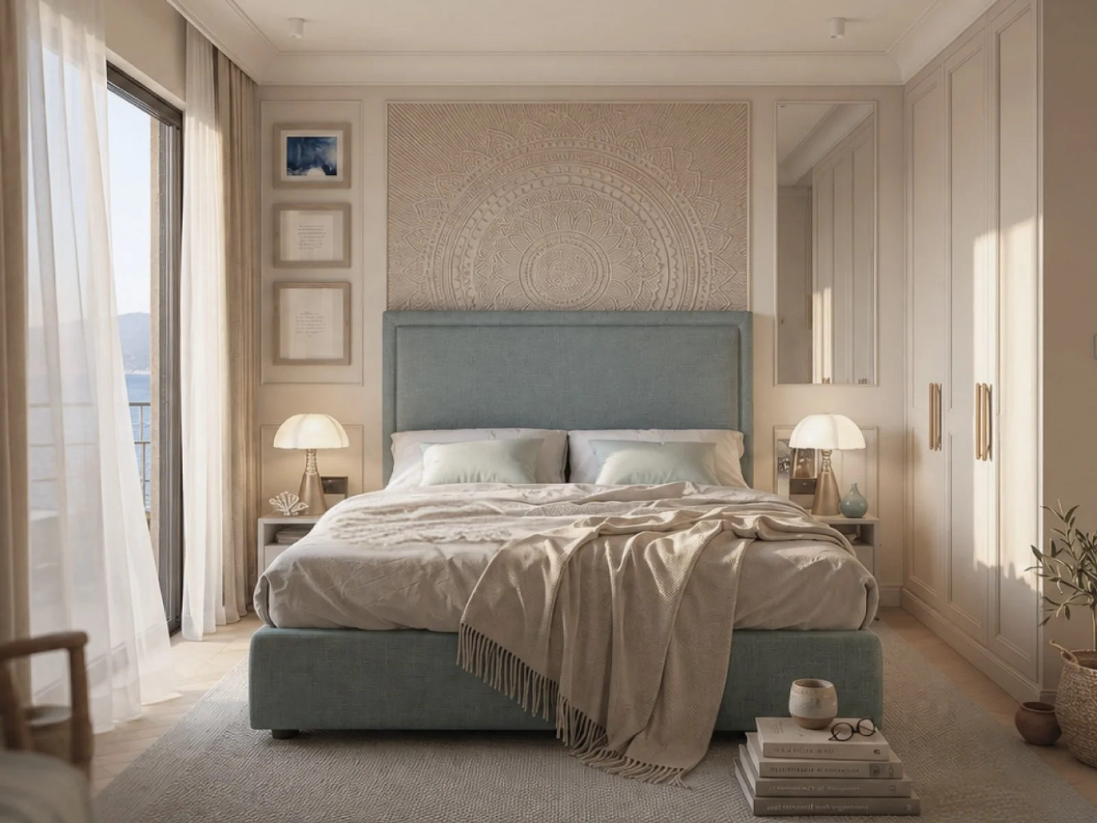 Bright bedroom featuring a large bed with a teal base, decorative wall panel, and built-in wardrobe.