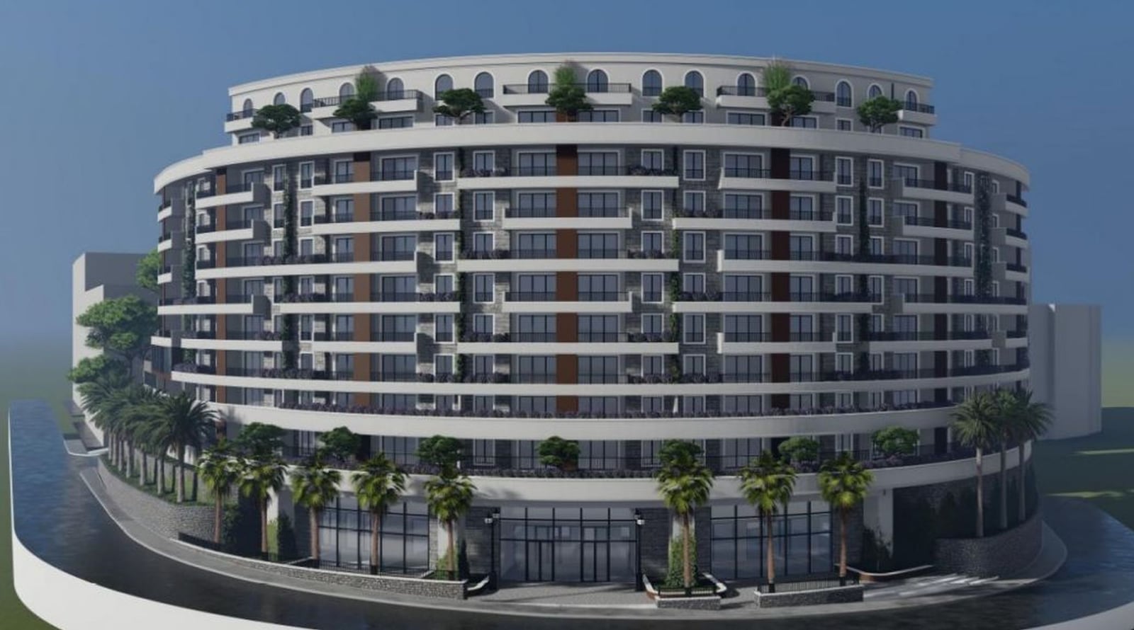 Modern residential complex with terraces and panoramic windows in Bečići, Montenegro: view of the building facade.